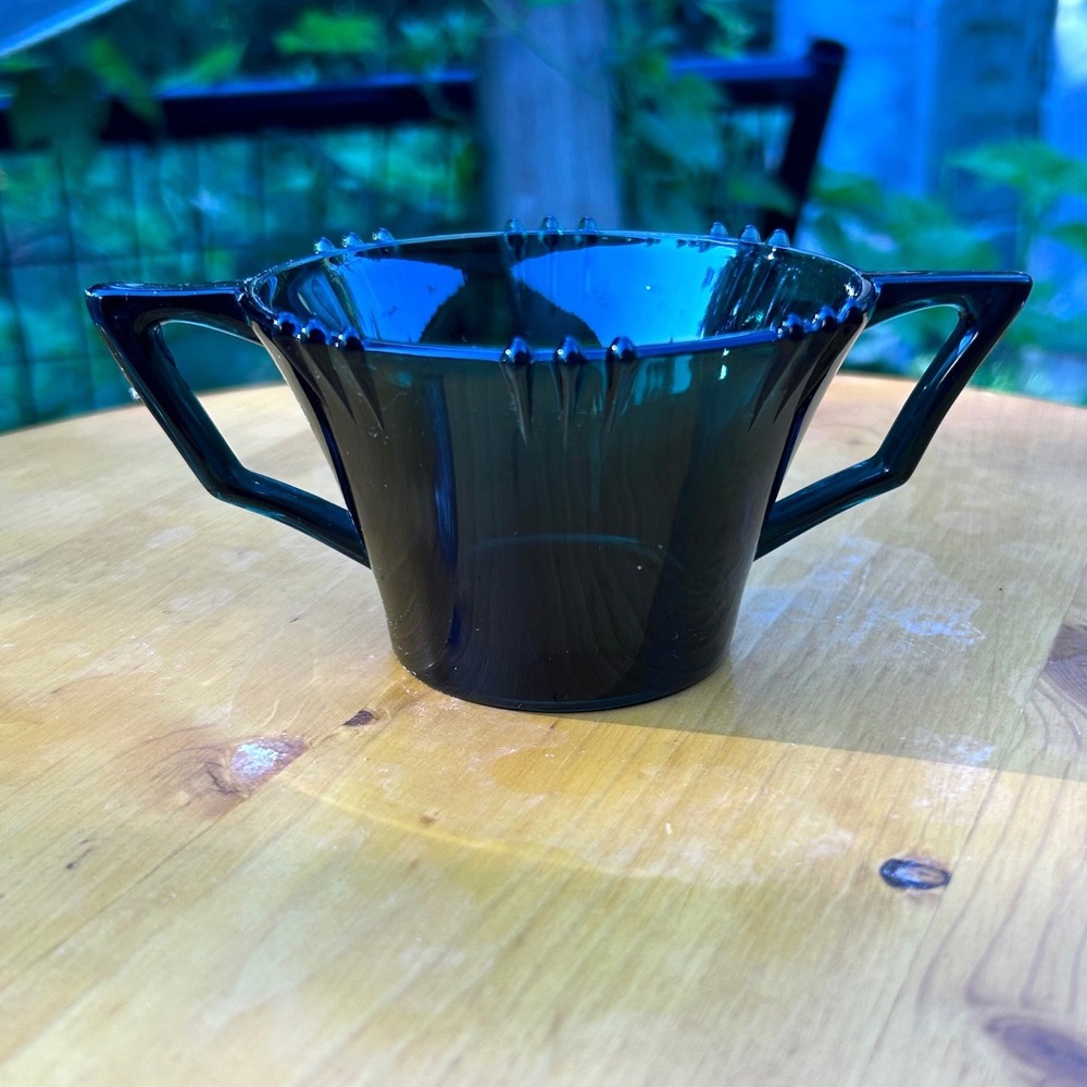 Vintage Pearl Edge Open Sugar Bowl Forest Green Art Deco Glassware Tiffin